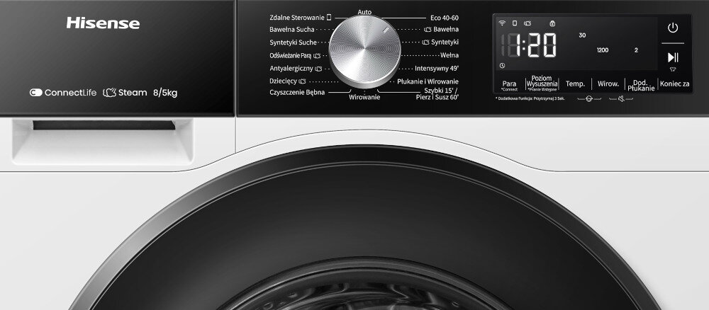PRALKO-SUSZARKA HISENSE WD3S8043BW3 aplikacja monitorowanie oszczędność pieniędzy