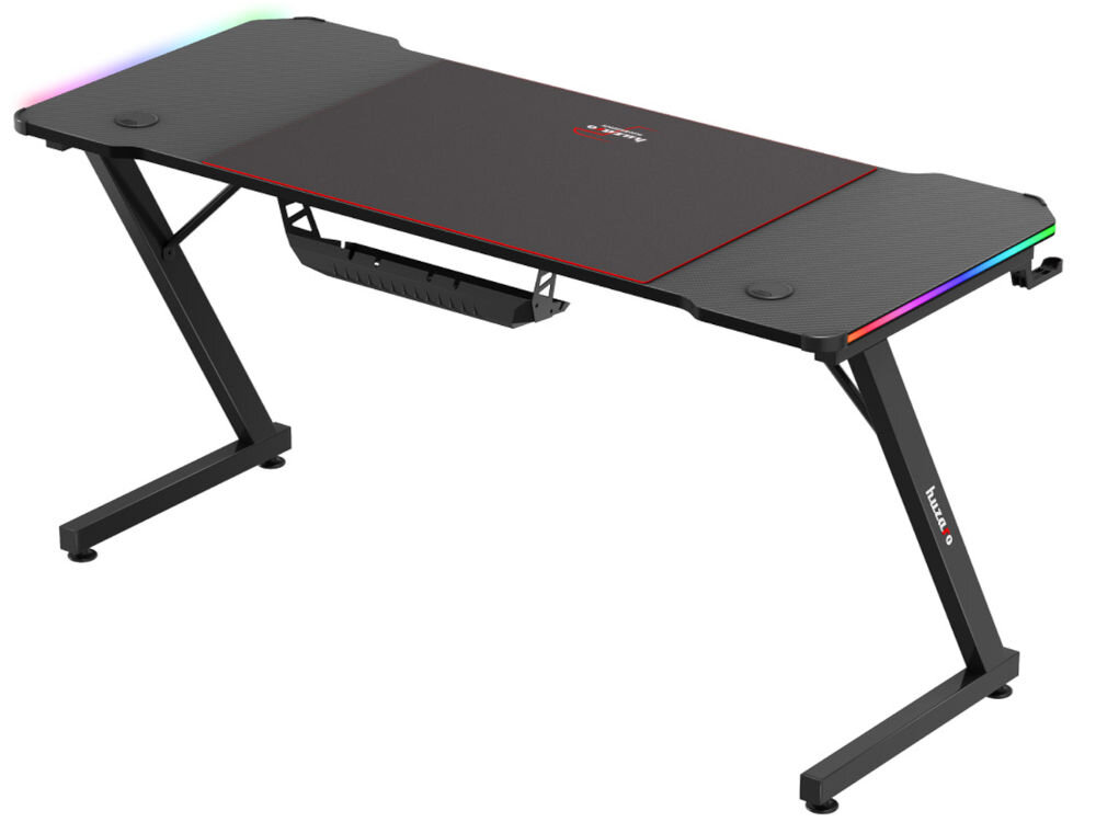 Biurko gamingowe HUZARO Hero 3.3 RGB Czarny prezentacja biurka od tyłu na białym tle paski LED klimat dobry wpływ na widoczność działanie relaksujące dla oczu komfort