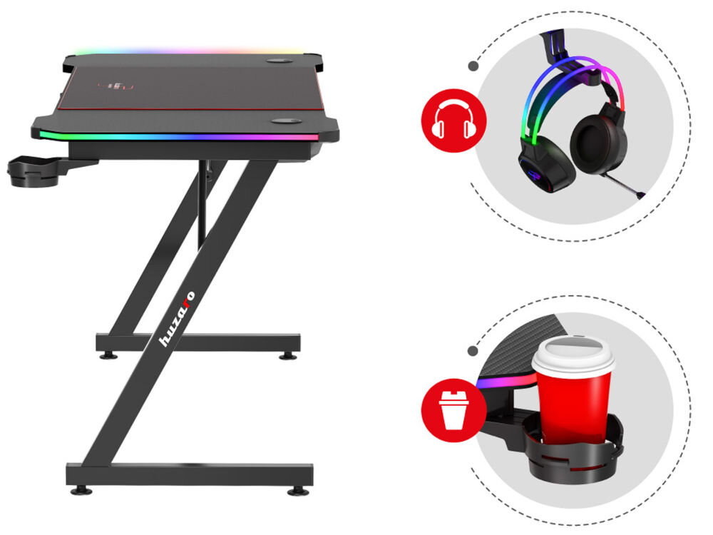 Biurko gamingowe HUZARO Hero 3.3 RGB Czarny prezentacja uchwytów na słuchawki kubek lub butelkę na białym tle praktyczne dodatki wygoda uporządkowana przestrzeń