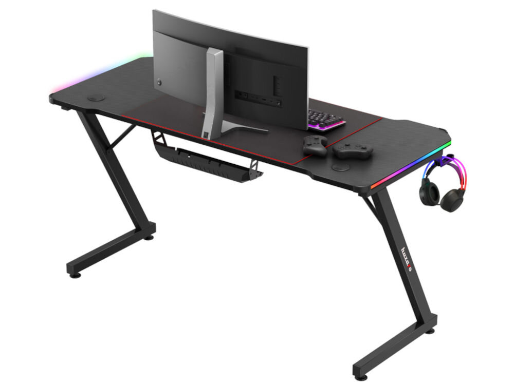Biurko gamingowe HUZARO Hero 3.3 RGB Czarny prezentacja biurka i regulowanych nóg na białym tle wyrównanie biurka na nierównej powierzchni stabilność mocna konstrukcja komfort
