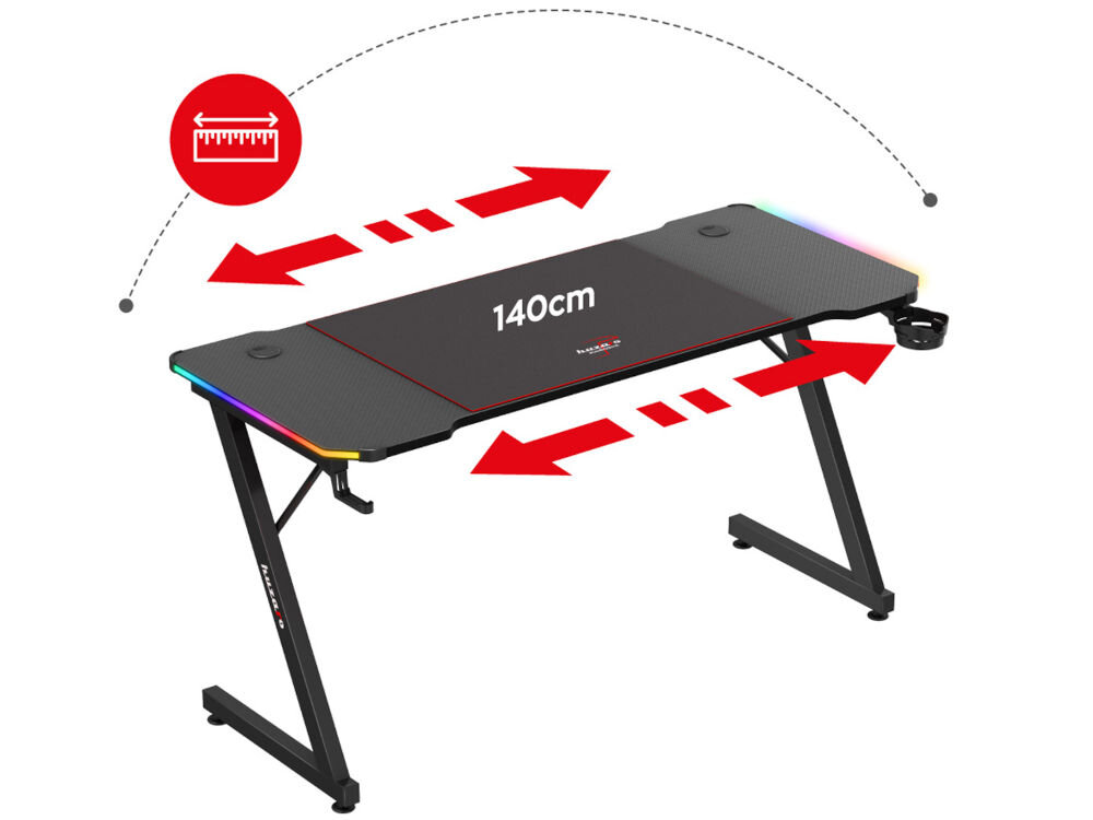 Biurko gamingowe HUZARO Hero 3.3 RGB Czarny prezentacja biurka na białym tle napis na blacie 140 cm szerokość zaokrąglone rogi ergonomiczne wcięcie bezpieczeństwo
