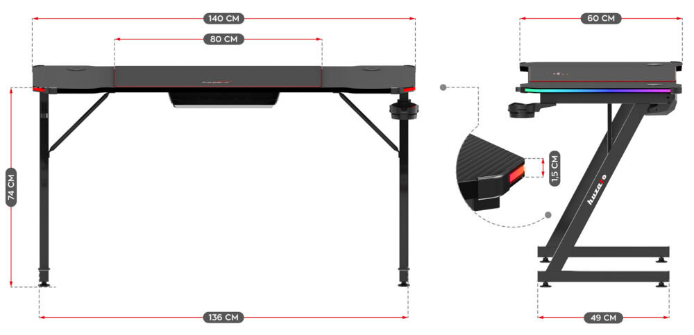 Biurko gamingowe HUZARO Hero 3.3 RGB Czarny prezentacja biurka od przodu i boku oraz jego wymiarów na białym tle wysokość 74 cm podstawa 136 x 49 cm głębokość 60 cm środkowa część szerokości 80 cm swobodne rozstawienie akcesoriów całkowita szerokość 140 cm