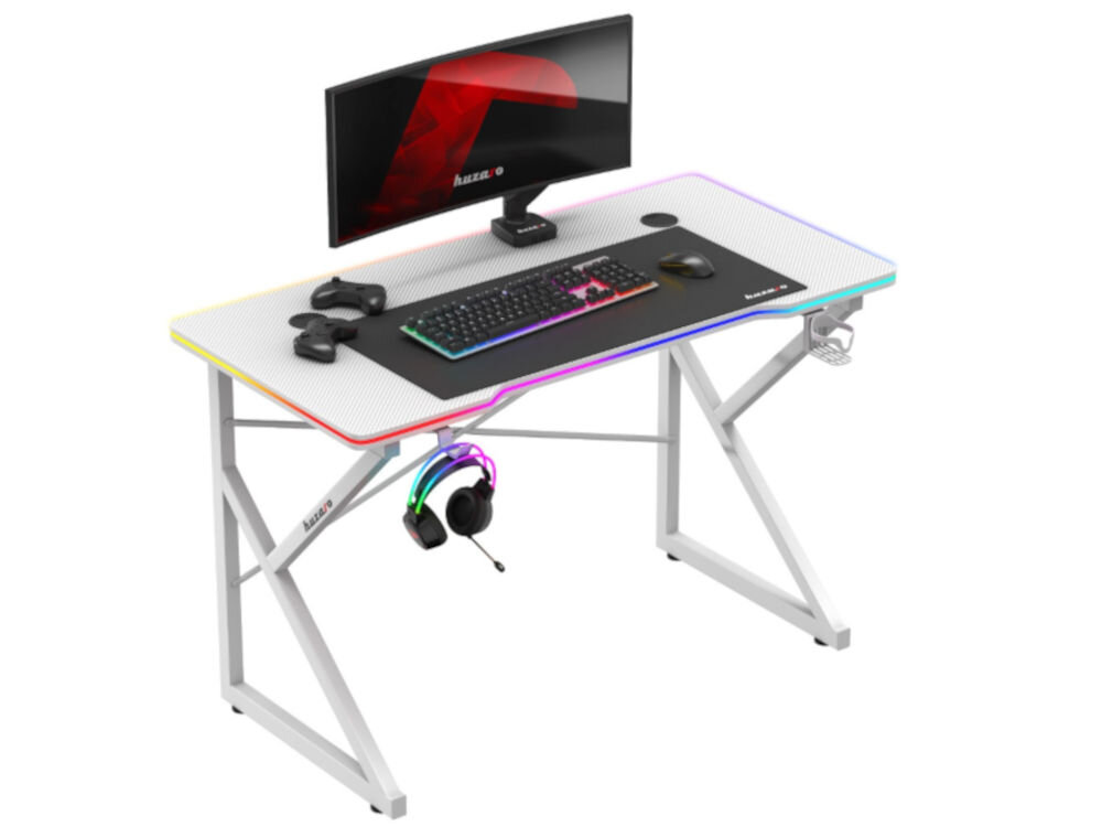 Biurko gamingowe HUZARO Hero 1.7 RGB Biały prezentacja biurka od przodu z akcesoriami na białym tle