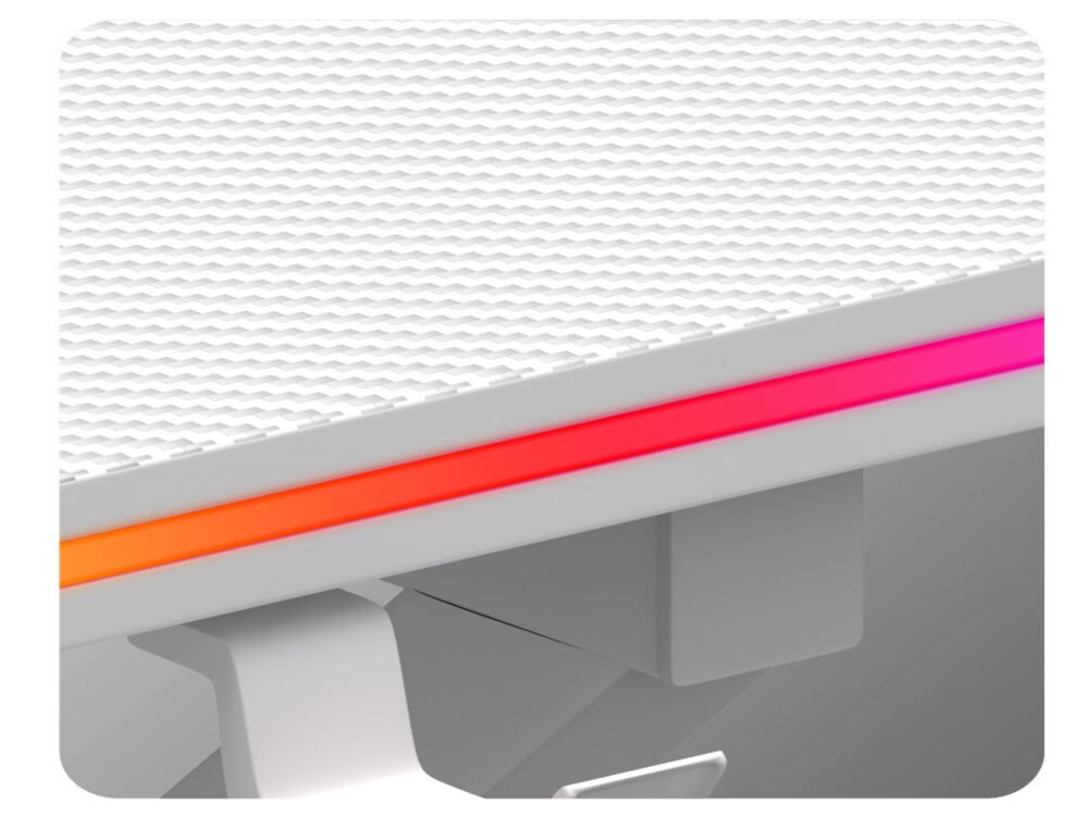 Biurko gamingowe HUZARO Hero 1.7 RGB Biały prezentacja oświetlenia LED zasilane przez port USB-A możliwość podłączenia do komputera lub powerbanka bez konieczności podłączania do gniazdka wygoda mobilność