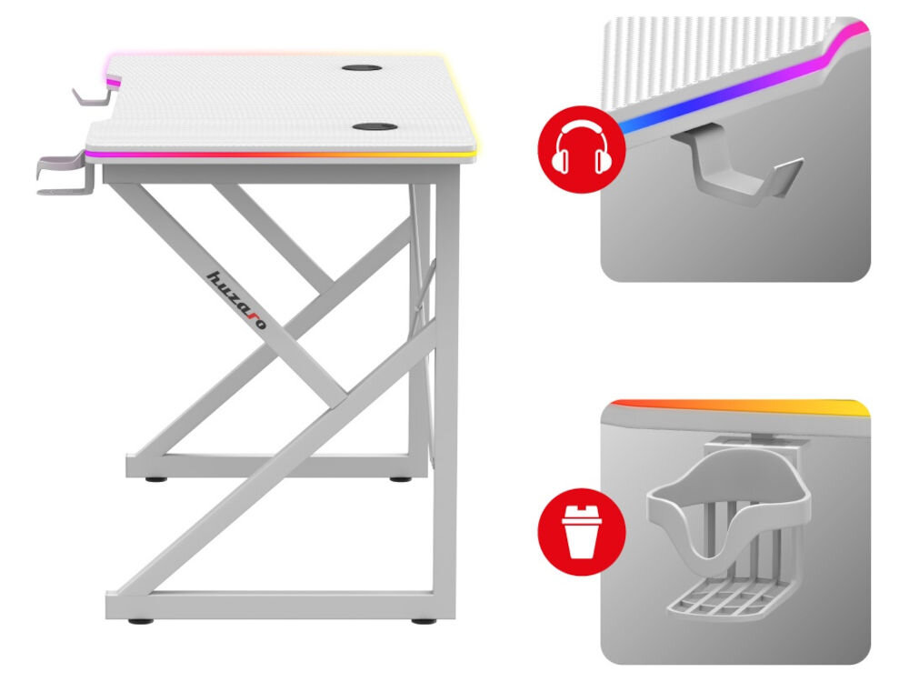 Biurko gamingowe HUZARO Hero 1.7 RGB Biały prezentacja uchwytu na słuchawki i napój na białym tle cupholder wbudowany porządek wygoda