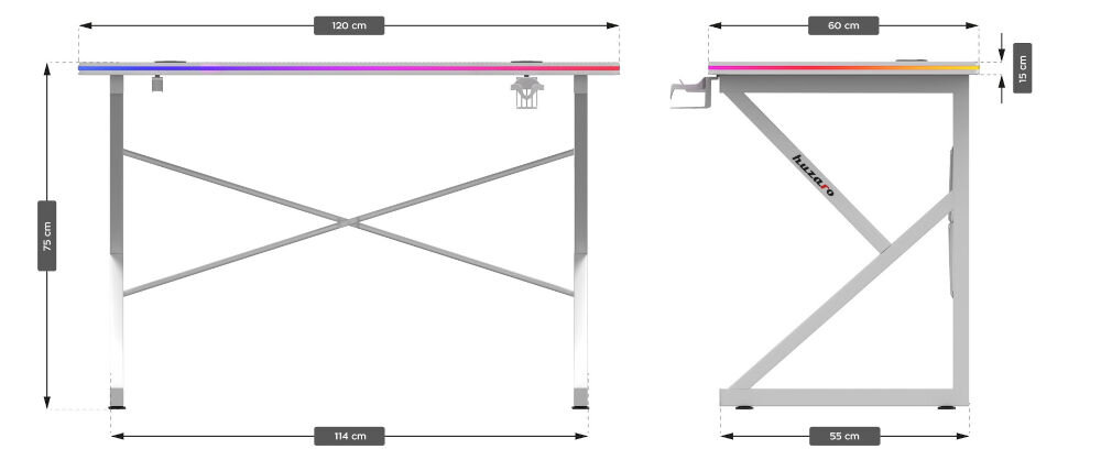 Biurko gamingowe HUZARO Hero 1.7 RGB Biały prezentacja biurka od przodu i boku oraz jego wymiarów na białym tle wysokość 75 cm podstawa 114 x 55 cm metalowy układ wsporczy blat szerokość 120 cm głębokośc 60 cm RGB uchwyt słuchawki picie