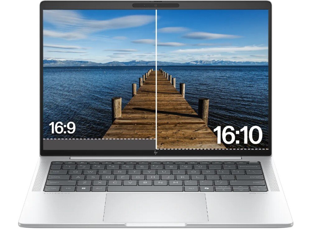 Laptop HP EliteBook 1040 G10 Laptop na biurku wyświetlający porównanie proporcji ekranu 16:9 i 16:10 na tle krajobrazu z drewnianym pomostem wychodzącym w jezioro, ekran OLED, przekątna, rozdzielczość, jasność