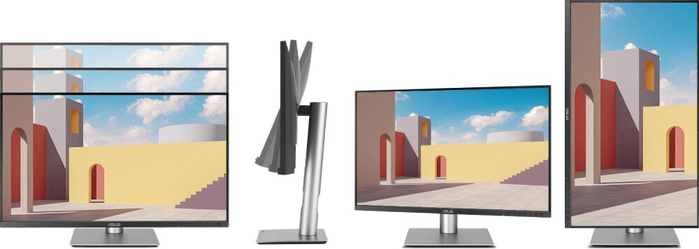 Monitor ASUS ProArt PA24ACRV Cztery ujęcia monitora pokazujące zakres regulacji wysokości, kąta pochylenia w profilu, obrotu w poziomie oraz ustawienie ekranu w pionie