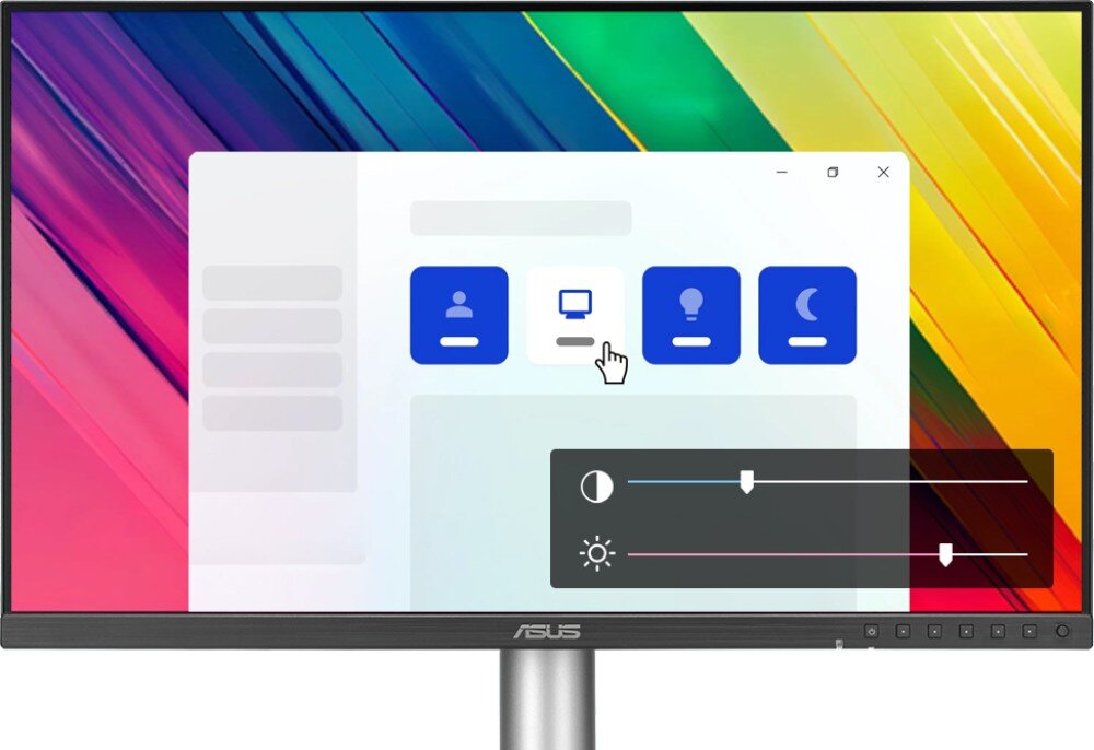 Monitor ASUS ProArt PA24ACRV Monitor z otwartym na ekranie okienkiem oprogramowania do zmiany ustawień oraz suwakami regulacji jasności i kontrastu