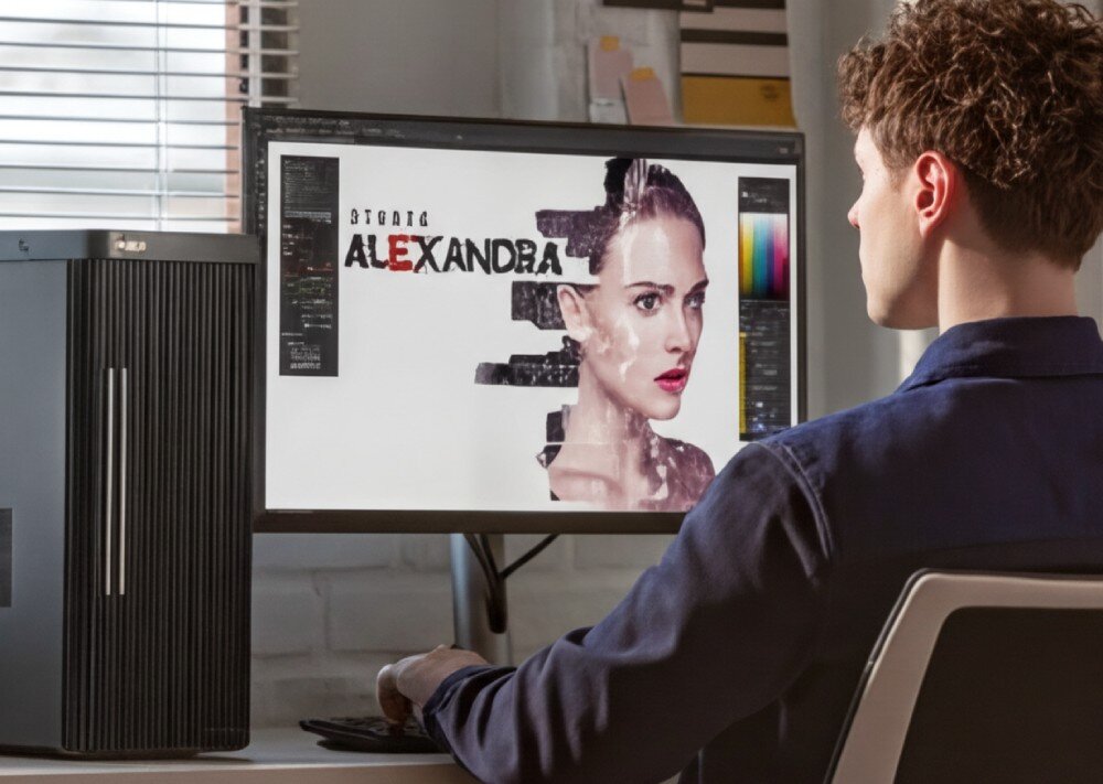 Monitor ASUS ProArt PA24ACRV Mężczyzna siedzący przy biurku przed monitorem komputera stacjonarnego, na którym wyświetlany jest projekt graficzny z twarzą kobiety i napisem