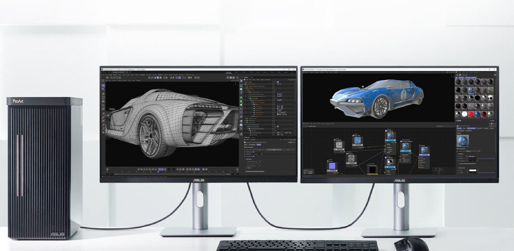 Monitor ASUS ProArt PA24ACRV Dwa monitory połączone ze sobą przewodem i stojące obok komputera stacjonarnego. Na ekranach widoczne są trójwymiarowe modele samochodów