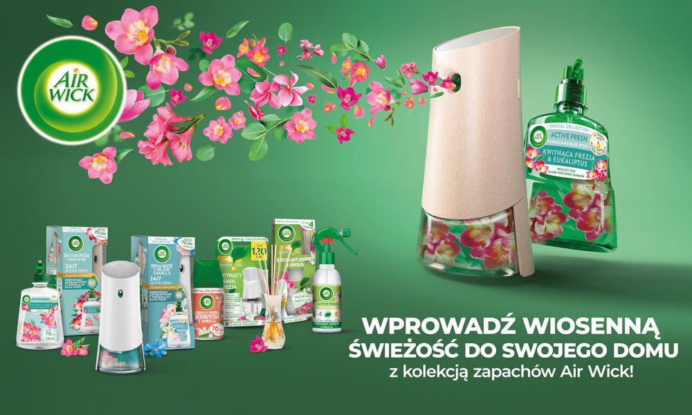 Odświeżacz powietrza AIR WICK Active Fresh Oceaniczy powiew i rajska wanilia 228 ml różne rodzaje odświeżacza na zielonym tle napis wprowadź wiosenną świeżość do swojego domu
