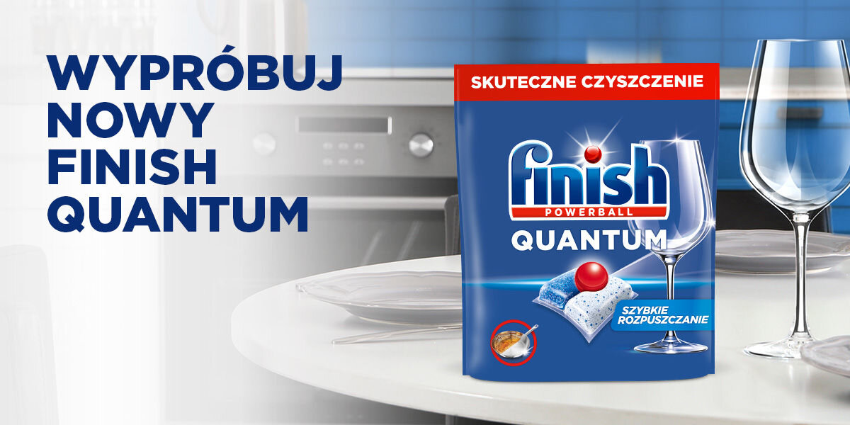 Kapsułki do zmywarek FINISH Powerball Quantum All in 1 opakowanie czysty kieliszek oraz napis wypróbuj nowy finish quantum