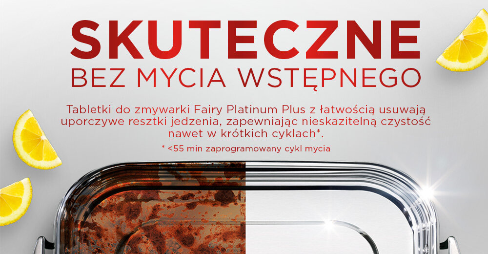 Kapsułki do zmywarki FAIRY Platinum Plus All in One Lemon - 71 szt. Talerz podzielony na pół: jedna strona brudna od zaschniętego jedzenia, druga lśniąco czysta. Napis: Usuwają 100% tłuszczu