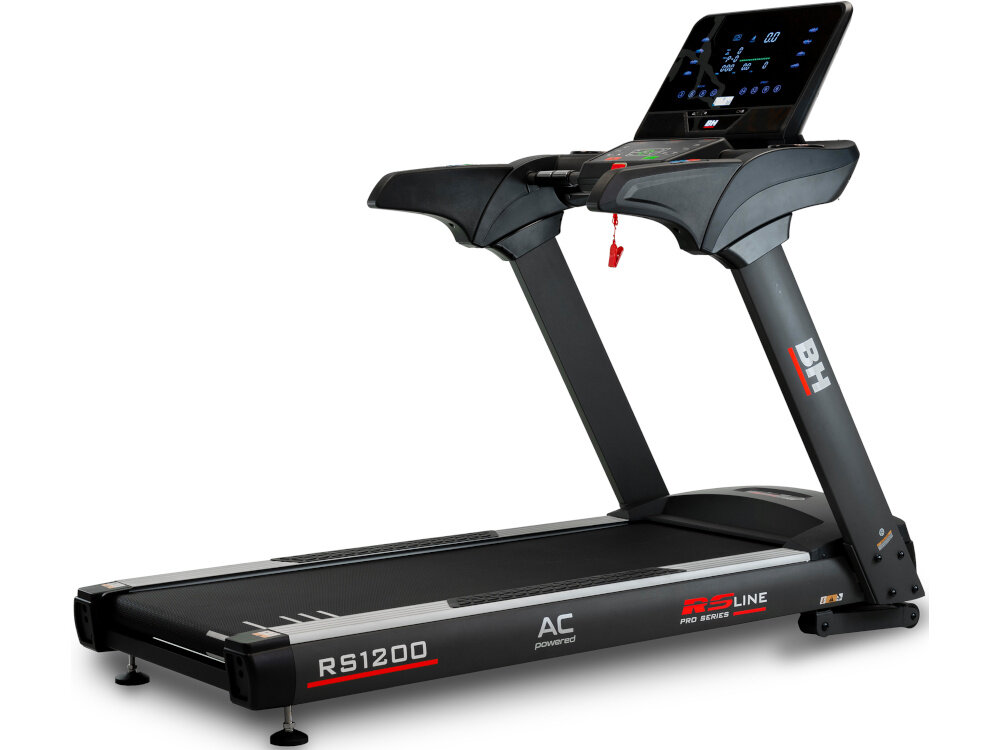 Bieżnia elektryczna BH FITNESS RS1200 LED 2590W 22km-h bieżnia na białym tle widoczna od tyłu po skosie poprawa kondycji lepsze wyniki sportowe maksymalna waga użytkownika do 150 kg solidność konstrukcji wysoka jakość materiałów dla osób początkujących dla zaawansowanych biegaczy