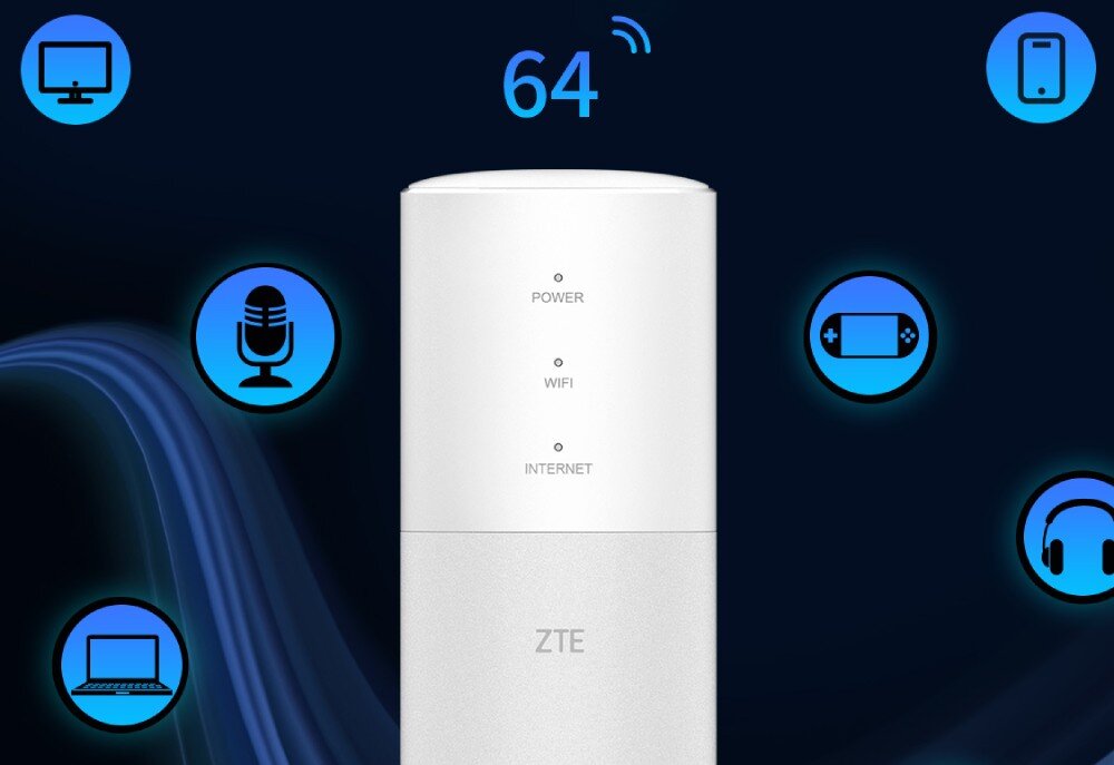 Router ZTE MF18A Białe urządzenie na ciemnym tle, wokół niego rozmieszczone ikony mikrofonu, konsoli, laptopa, telefonu i słuchawek, nad urządzeniem liczba '64', technologia, obsługa urządzeń