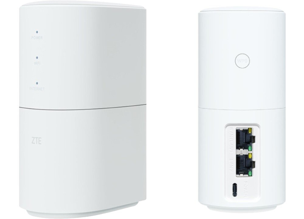Router ZTE MF18A Dwa ujęcia białego urządzenia, jedno z przodu z widocznymi diodami, drugie z tyłu pokazujące złącza LAN, WAN i USB-C oraz przycisk WPS, konfiguracja, aplikacja, aktualizacje