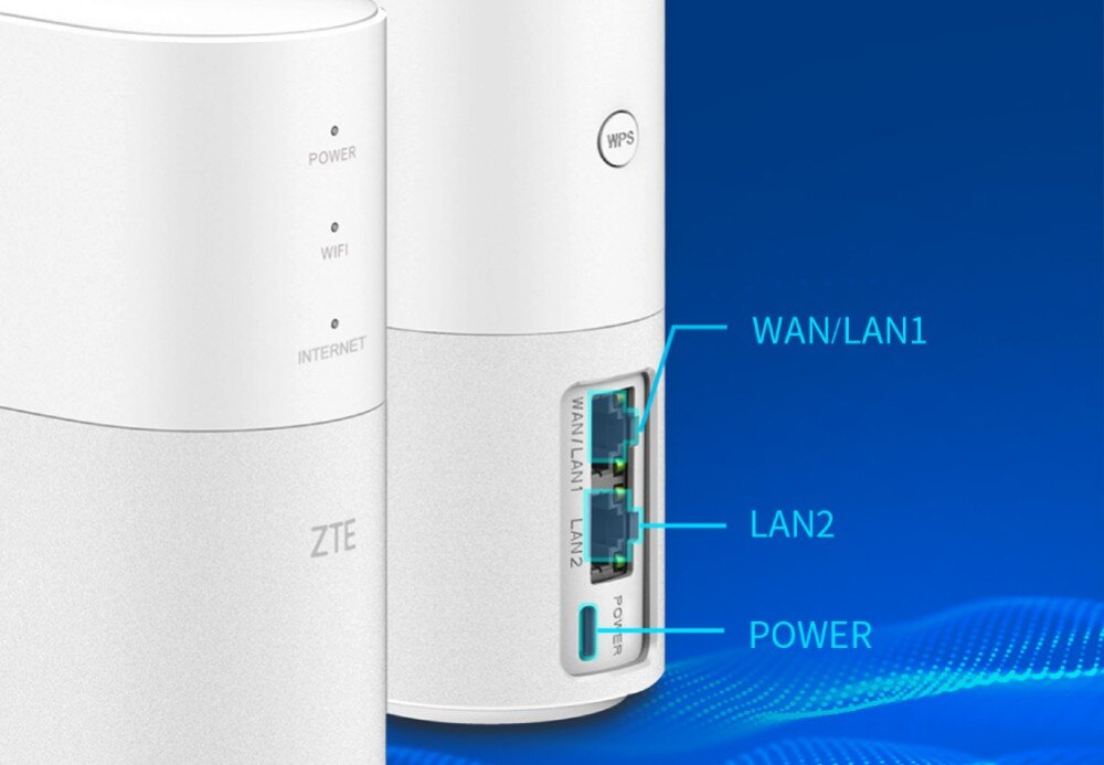 Router ZTE MF18A Zbliżenie na tylne złącza urządzenia, podpisane jako 'WAN/LAN1', 'LAN2' i 'Power', obok widoczne drugie identyczne urządzenie, porty, podłączenie, diody LED