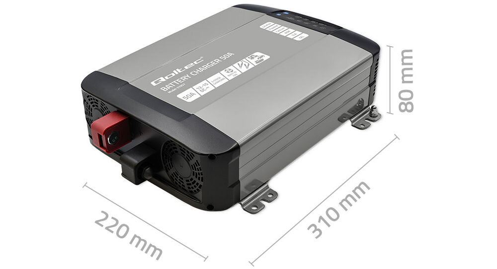 Czarna ładowarka z oznaczeniem \'Monolith BATTERY CHARGER 50A\' oraz wymiarami 267mm x 222mm x 83mm. Posiada dwa wentylatory i czerwony oraz czarny terminal.