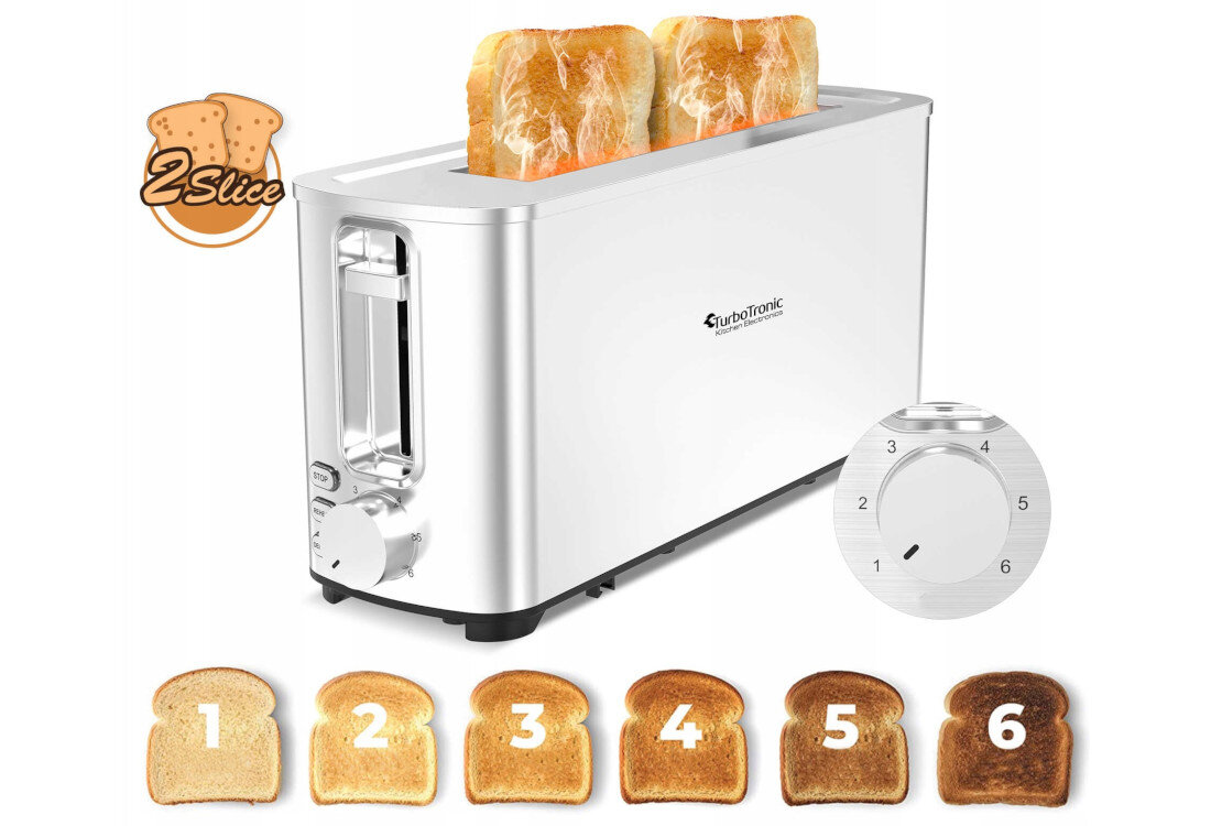 Toster TURBOTRONIC TT-BF14 Precyzyjne opiekanie moc równomierne opiekanie tostów sześć stopni opiekania dostosowanie poziomu zrumienienia preferencje Funkcja zatrzymania opiekania kontrola proces