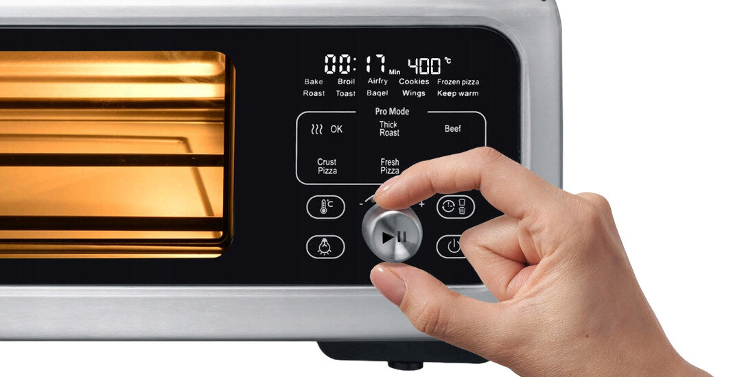 Piec do pizzy TURBOTRONIC TT-PO12 Srebrny 2000W średnica 30 cm Cyfrowy wyświetlacz intuicyjne sterowanie wskaźnik czasu wskaźnik temperatury automatyczne programy funkcja piekarnika pokrętło opcje wybór dodatkowe ustawienia czas temperatura oświetlenie włączenie wyłączenie
