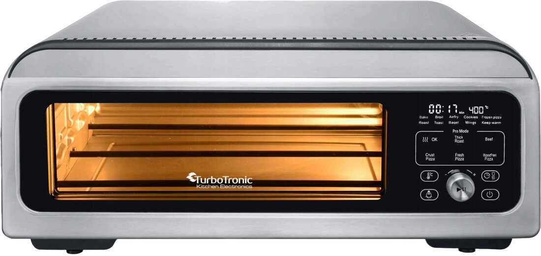 Piec do pizzy TURBOTRONIC TT-PO12 Srebrny 2000W średnica 30 cm trzywarstwowe szklane drzwi obudowa wykonanie stal nierdzewna bezpieczne użytkowanie konstrukcja proces kontrola