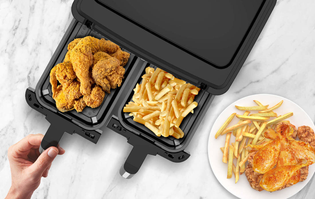 Frytkownica beztłuszczowa TURBOTRONIC TT-AF118 Czarny Air Fryer 2 niezależne kosze pojemność moc potrawy regulacja temperayury zakres dostosowanie precyzja smażenie