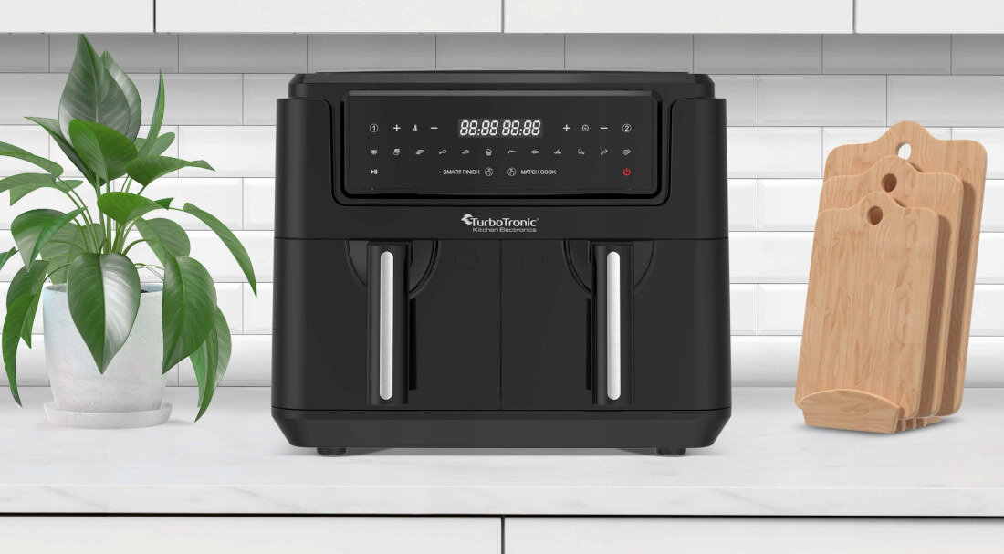 Frytkownica beztłuszczowa TURBOTRONIC TT-AF118 Czarny Air Fryer funkcja smart finish potrawy automatyczne programy smazenie metalowe wnętrze uchwyt bezpieczeństwo użytkowania nieprzywierająca powłoka czyszczenie