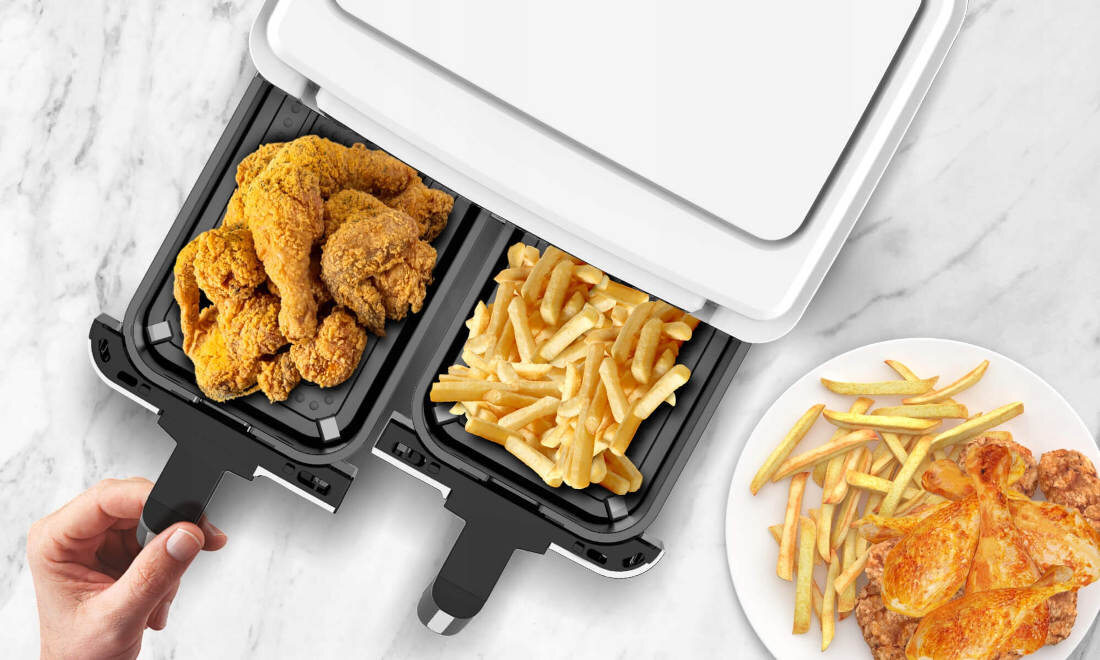 Frytkownica beztłuszczowa TURBOTRONIC TT-AF118 Biały Air Fryer 2 niezależne kosze pojemność moc potrawy regulacja temperayury zakres dostosowanie precyzja smażenie