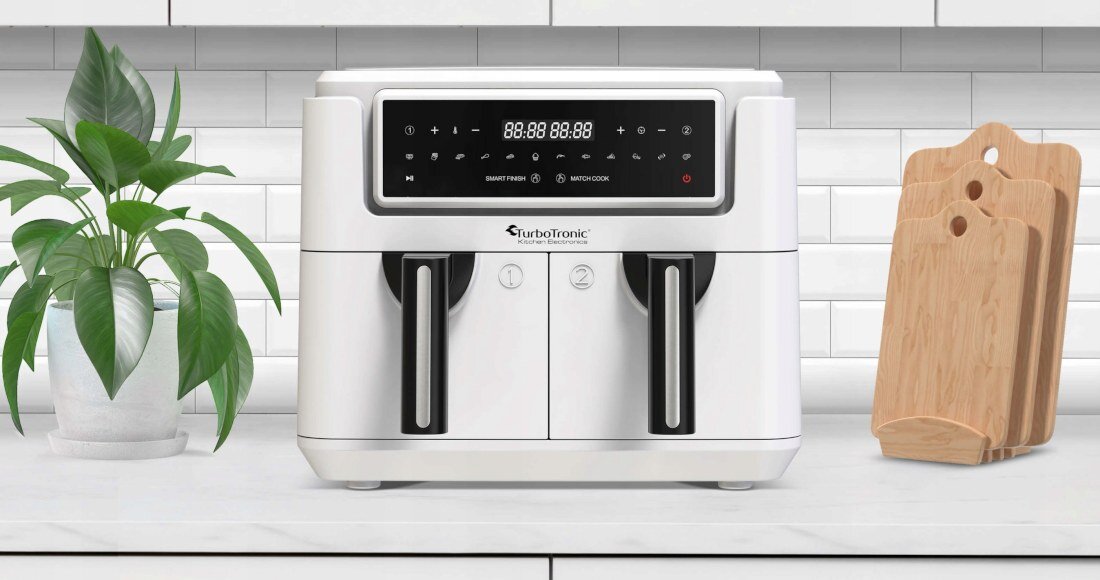 Frytkownica beztłuszczowa TURBOTRONIC TT-AF118 Biały Air Fryer funkcja smart finish potrawy automatyczne programy smazenie metalowe wnętrze uchwyt bezpieczeństwo użytkowania nieprzywierająca powłoka czyszczenie