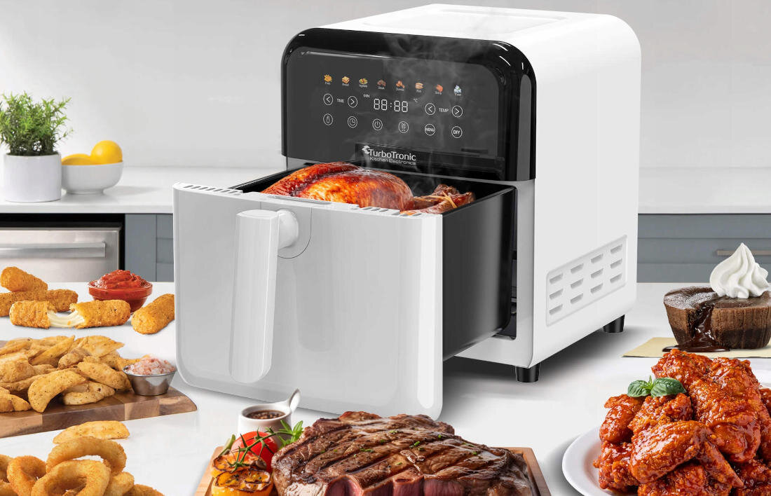 Frytkownica beztłuszczowa TURBOTRONIC TT-AF190 Biały Air Fryer TECHNOLOGIA Rapid Air POTRAWY TEMPERATURA zakres ustawienia dostosowanie precyzja 