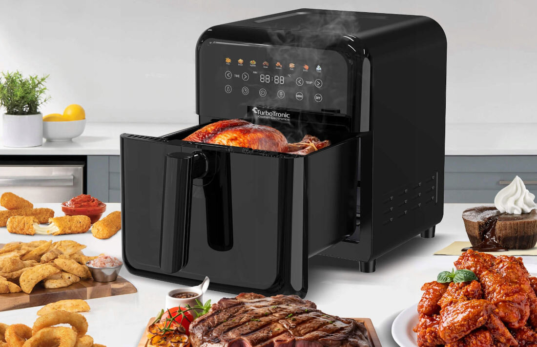 Frytkownica beztłuszczowa TURBOTRONIC TT-AF190 Czarny Air Fryer TECHNOLOGIA Rapid Air POTRAWY TEMPERATURA zakres ustawienia dostosowanie precyzja