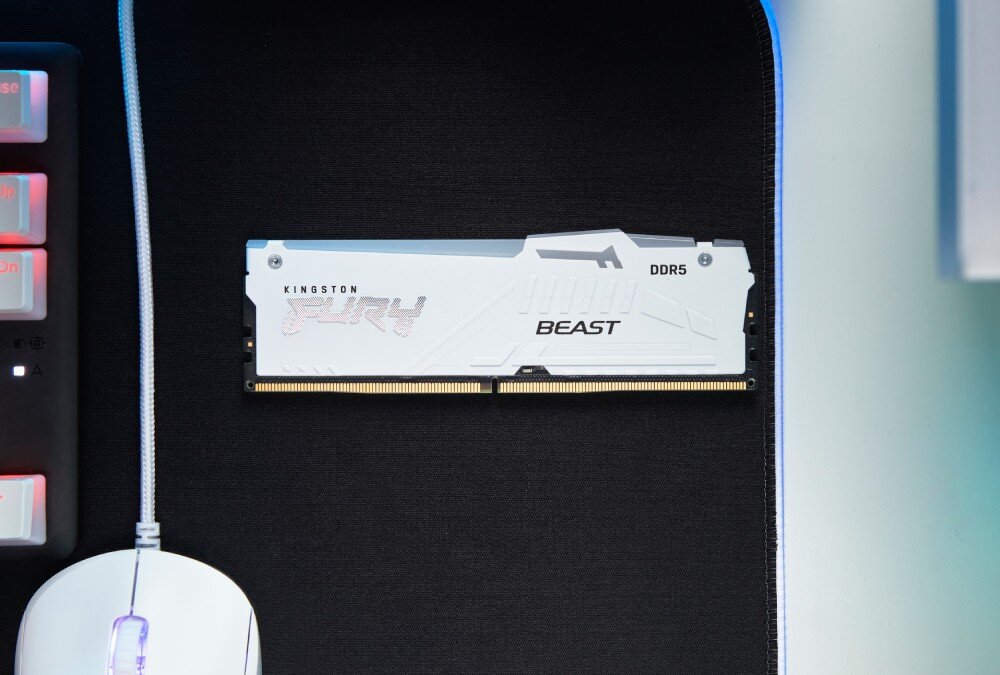 Pamięć RAM KINGSTON Fury Beast RGB Dłonie osoby montującej moduł pamięci w gnieździe na płycie głównej