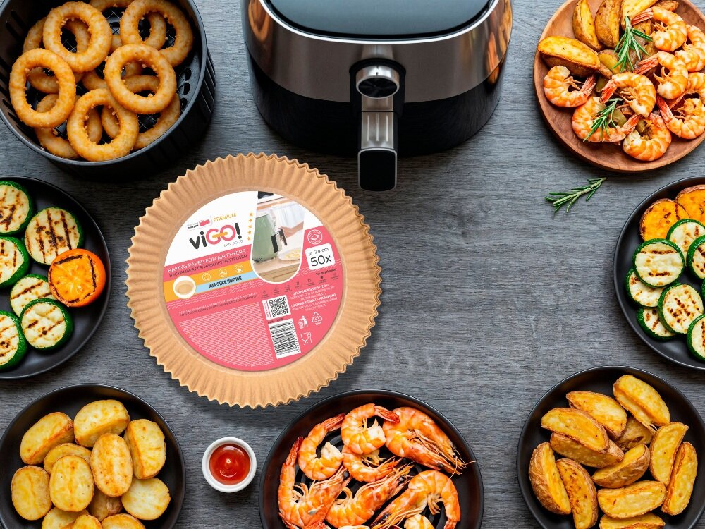 7536006 viGO! Papier do pieczenia do frytkownic beztłuszczowych 24 cm 50 szt. z niebielonej masy celulozowej, praktyczny kształt, wygoda użytkowaia