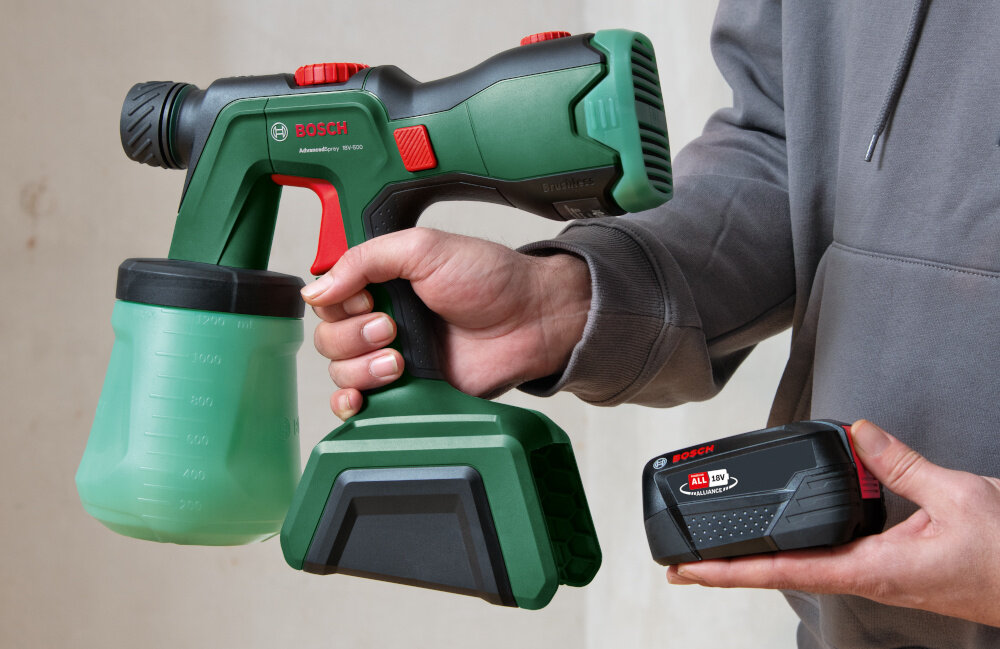 Pistolet natryskowy BOSCH AdvancedSpray 18V-500 0.603.208.200 narzedzie akumulatorowe kompatybilnosc z seria Power For All 18 V BOSCH Home and Garden wygodne uzytkowanie swobodne przemieszczanie sie