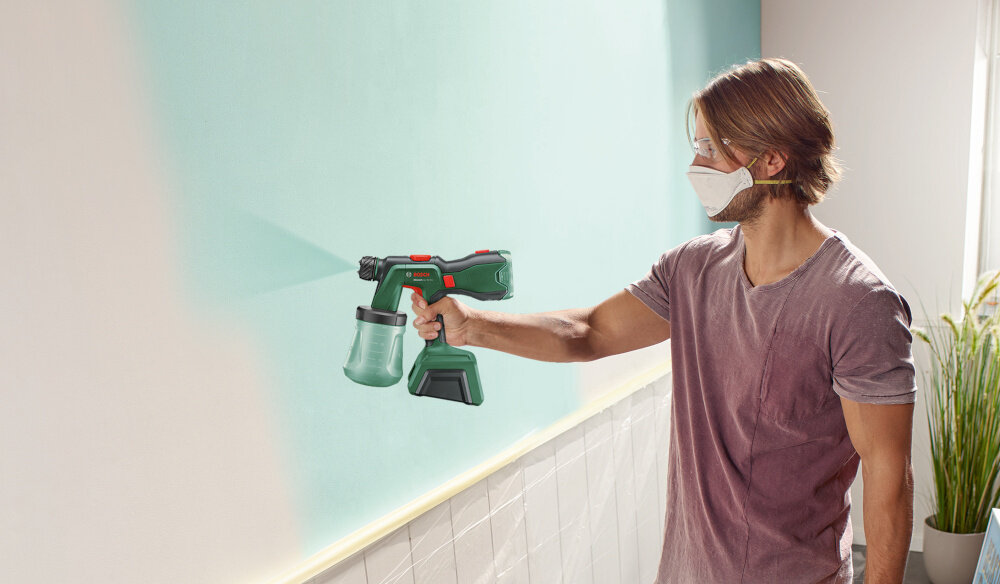Pistolet natryskowy BOSCH AdvancedSpray 18V-500 0.603.208.200 silnik bezszczotkowy dluga zywotnosc nie ma szczotek weglowych technologia AirBoos rownomierne nakladanie farby do 3 m2 w jedna minute