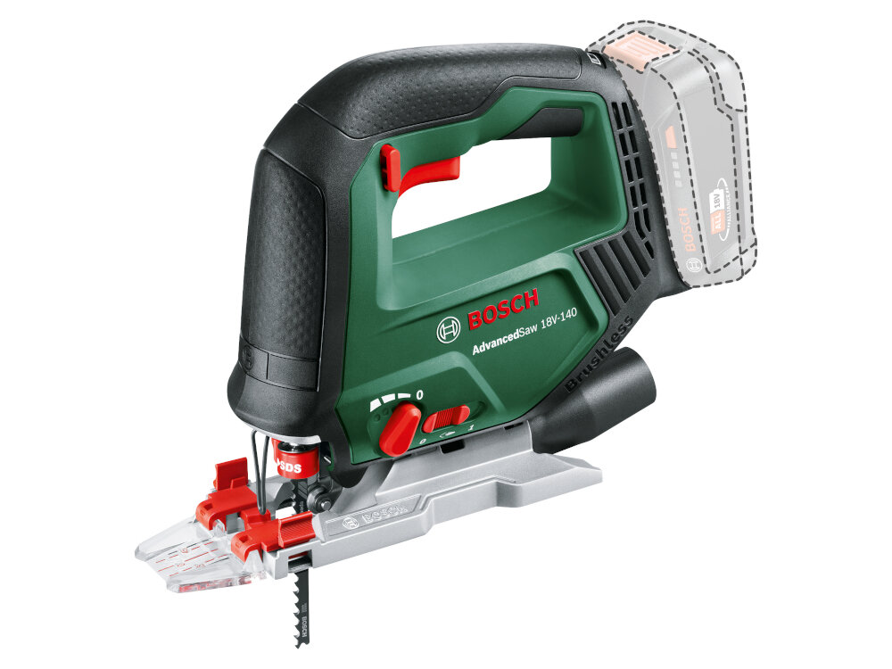 Wyrzynarka BOSCH AdvancedSaw 18V-140 0603013000 akumulator z serii POWER FOR ALL 18V pelna swoboda ruchu z akumulatorem o pojemnosci 2,0 Ah do 20 m materialu