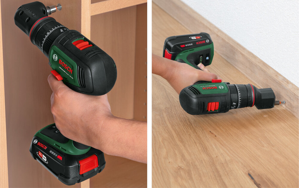 Wiertarko-wkrętarka BOSCH AdvancedImpact 18V-80 06039E2103 z udarem interfejs QuickSnap szybkie wygodne mocowanie dodatkowych akcesoriow adapter katowy 90° adapter do wkrecania blisko krawedzi praca w trudno dostepych miejscach