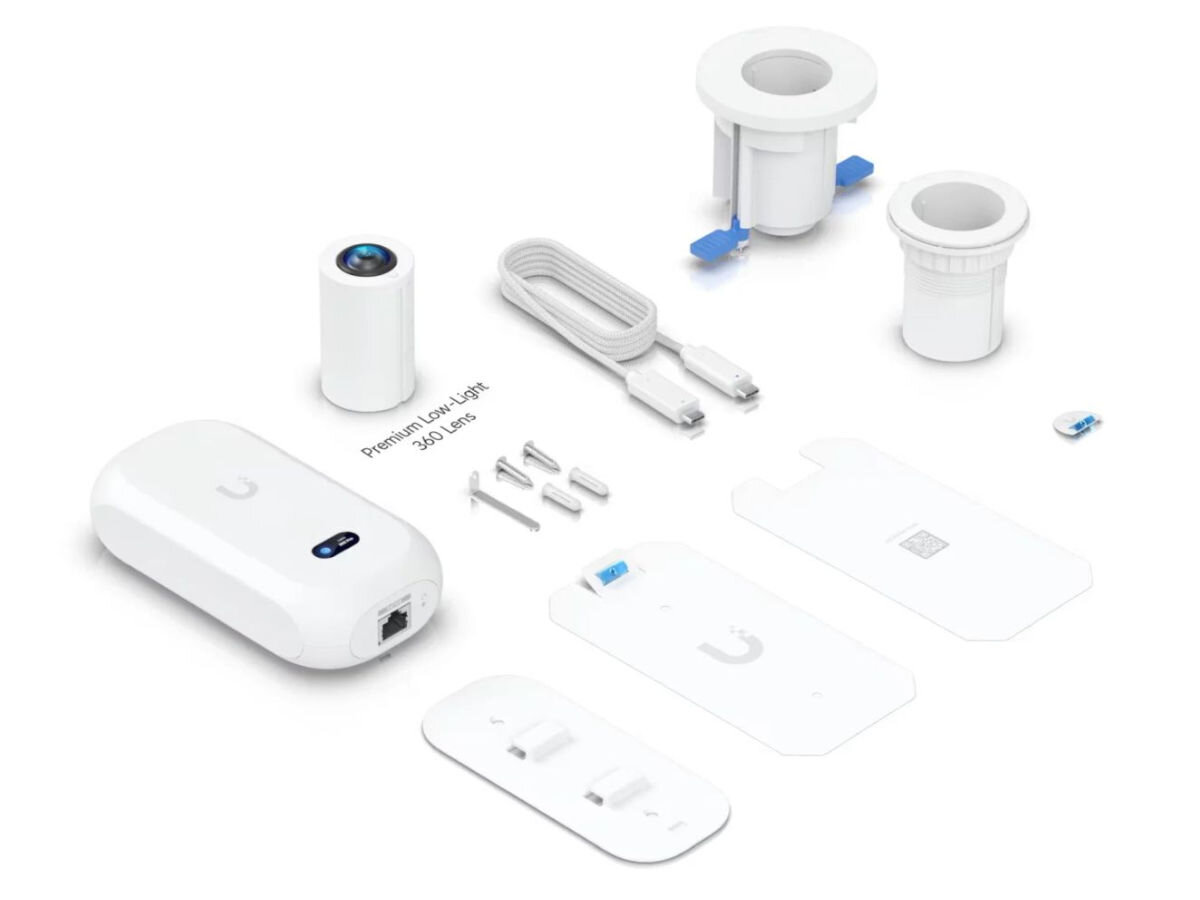 Kamera UBIQUITI AI Theta Pro Wewnętrzna, USB-C, montaż, sufit, ściana, dyskrecja, Zestaw montażowy kamery wbudowanej AI Theta z akcesoriami.