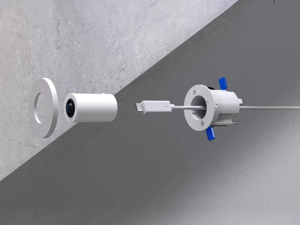 Kamera IP UBIQUITI AI Theta Pro 360 Lens Wewnętrzna, USB-C, mocowanie, instalacja, aplikacja, stabilność, Montaż wpuszczany kamery AI Theta z kablem USB-C.