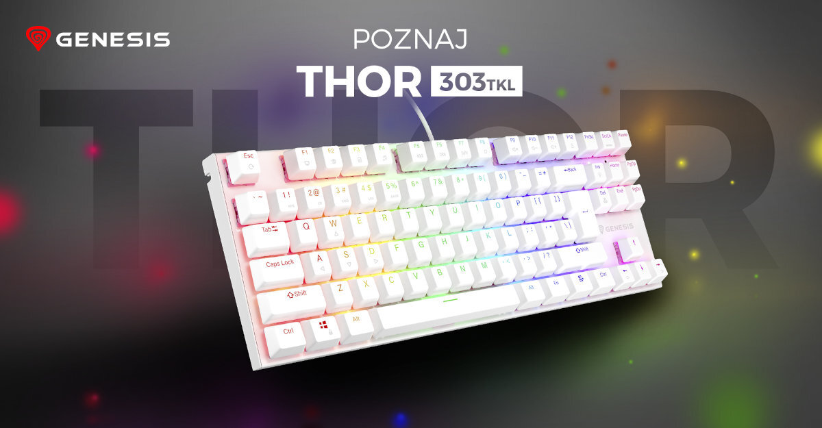 GENESIS Thor 303 TKL Mechaniczna klawiatura Hot Swap 50 milionów kliknięć przełączniki aluminiowa obudowa podświetlenie RGB z efektem PRISMO - klawiatura pod kątem na ciemnym tle