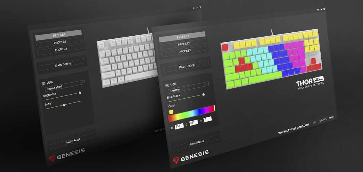 GENESIS Thor 303 TKL dedykowanej aplikacji tryb podświetlenia RGB, tworzyć makra i zapisywać własne profile wbudowanej pamięci - interfejs oprogramowania