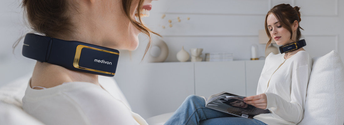 Masażer karku MEDIVON Ultra Ems Pro Niebieski Kompleksowa ulga dla karku i ramion połączeniu masażu wibracyjnego, funkcji rozgrzewania i stymulacji mięśni impulsem elektrycznym redukuje stres, ból i zmęczenie