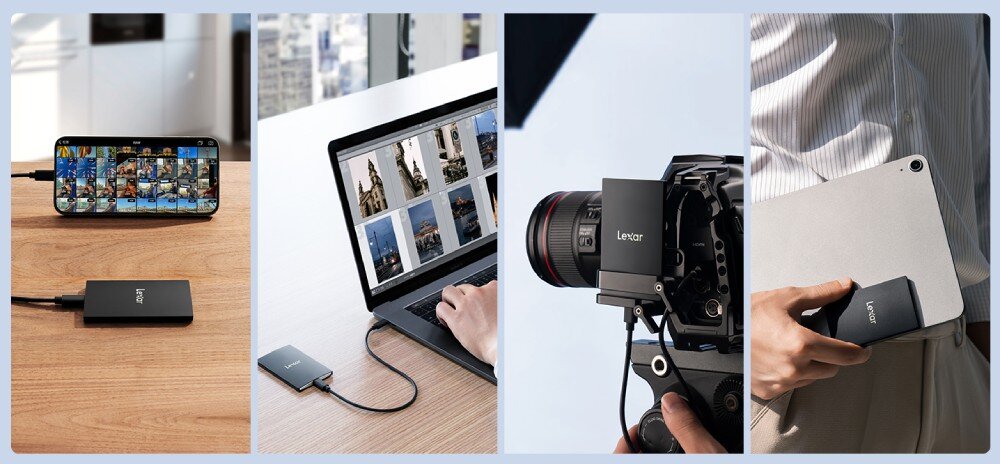 Dysk LEXAR SL500 Kolaż czterech zdjęć przedstawiających dysk podłączony kolejno do smartfona, laptopa z otwartym edytorem zdjęć, profesjonalnej kamery oraz tabletu