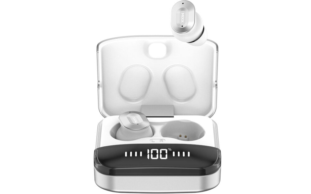 Słuchawki dokanałowe MIXX Streambuds Ultra Dots - Dobre dopasowanie, słuchawki dokanałowe z etui ładującym na białym tle