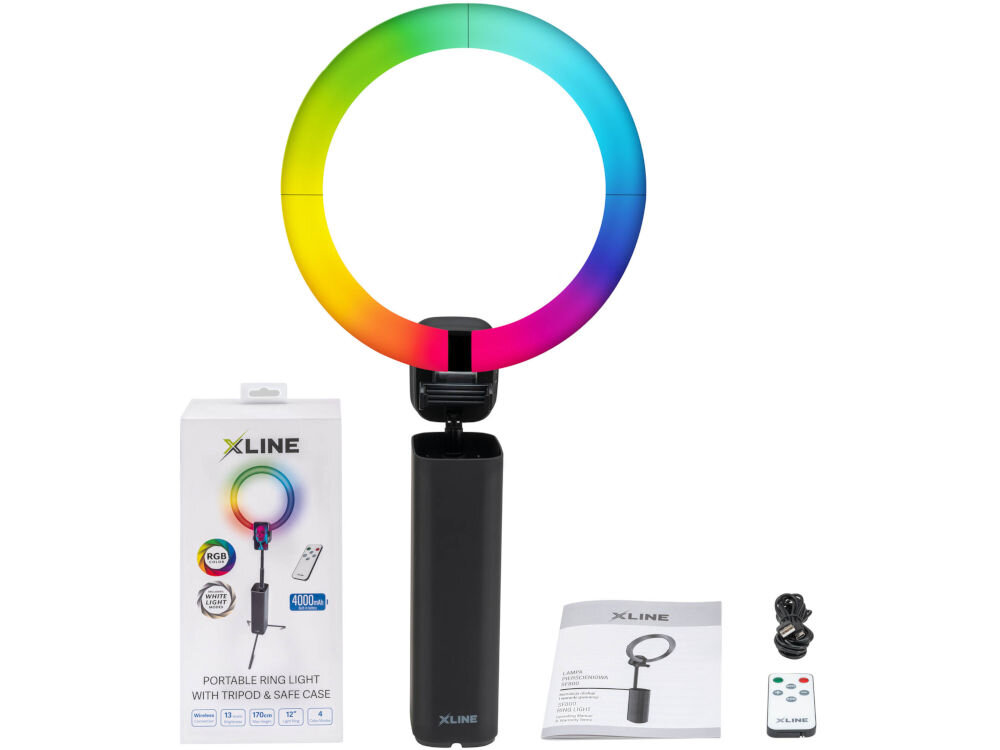Lampa pierścieniowa RGB XLINE SF800 elementy zestawu instrukcja pudełko