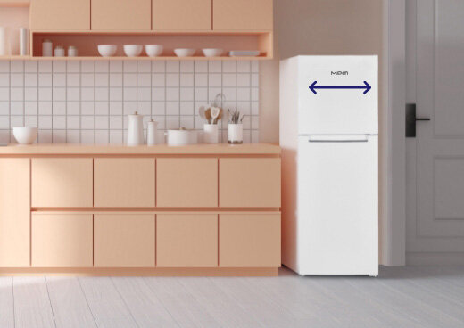 Lodówka MPM-216-CF-27 w kuchni. Symbol obustronnej strzałki.