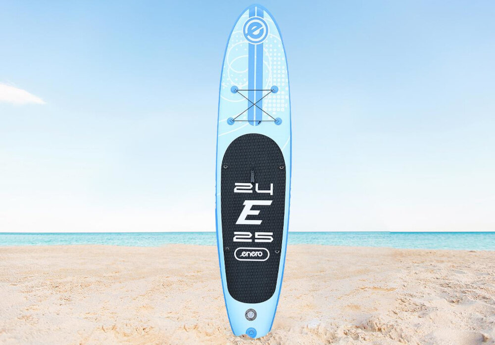 Deska SUP ENERO 1054032 320 x 76 x 15 cm idealnie zaprojektowana krzywizna sztywnosc stabilnosc ze wzmocnionego materialu technologia drop stitch z laminowanego PVC o gestosci 2500 g/m2 odpornosc na przebicia promieniowanie UV zle warunki pogodowe antyposlizgowa pianka EVA przyjemnosc bezpieczenstwo komfort