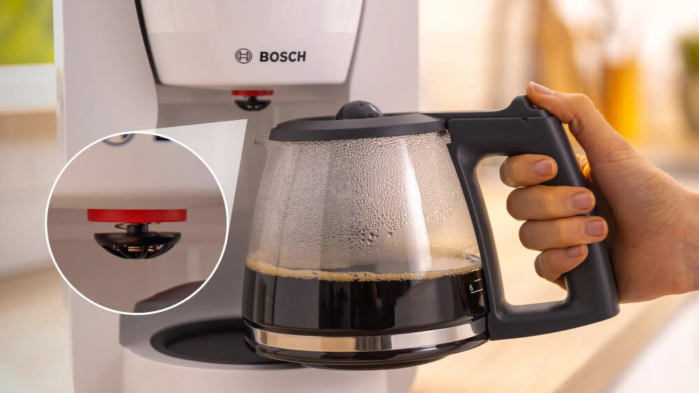 Ekspres BOSCH TKA2M111 Biały szklany dzbanek wykonanie aromat świeżość kawa konstrukcja estetyczny wygląd