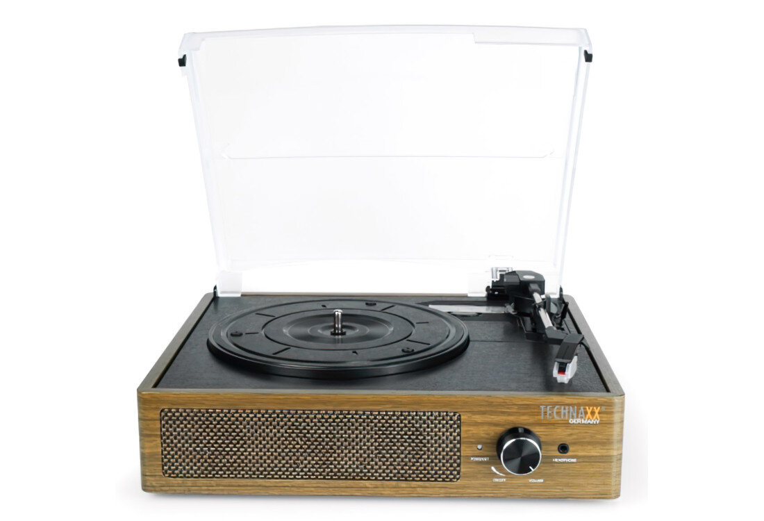 Gramofon TECHNAXX TX-186 Bluetooth USB Brązowy Trzy prędkości odtwarzania półautomatyczne sterowanie trzy prędkości obrotowe płyty winylowe Manualne pokrętło  dostosowanie precyzja obsługa